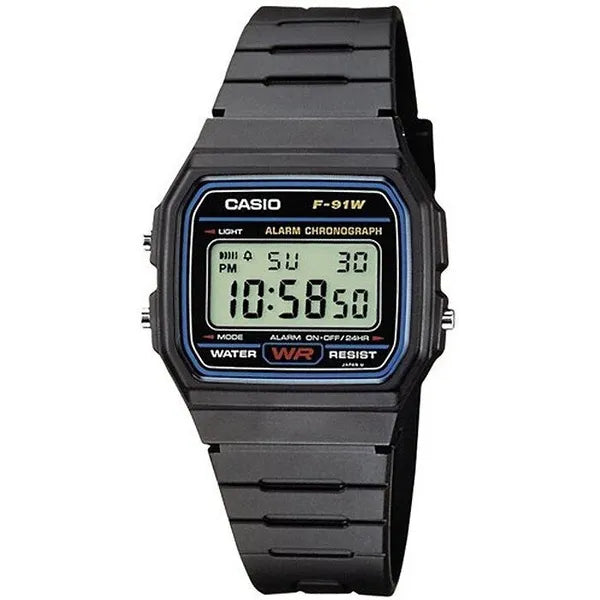 Casio F-91W-1YER férfi digitális karóra, fekete, WR30, stopper, ébresztő
