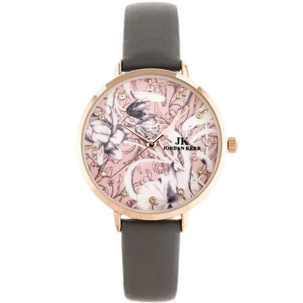 Jordan Kerr női kvarc karóra, Miyota, 36 mm, rózsaarany tok, szürke bőr szíj