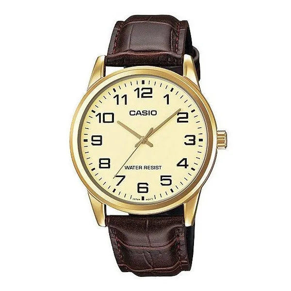 Casio férfi kvarc karóra 38 mm, arany számlap, barna bőrszíj, WR30 MTP-V001GL-9B
