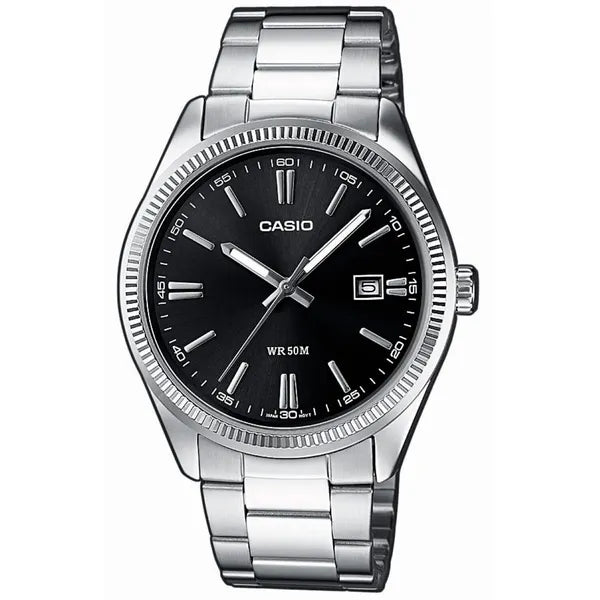 Casio MTP-1302PD-1A1 férfi karóra, rozsdamentes acél szíj, fekete számlap, WR50