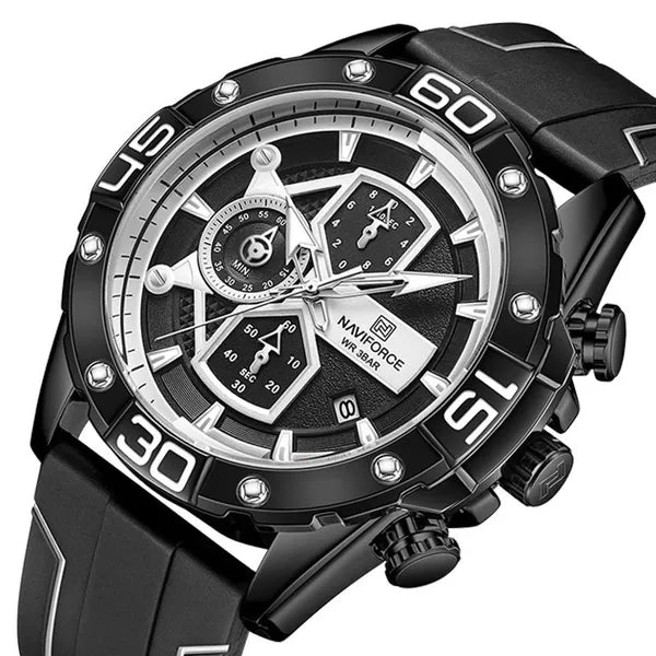 Naviforce férfi karóra NF8018T, kronográf, fekete, kvarc, 46 mm, gumi szíj, WR30