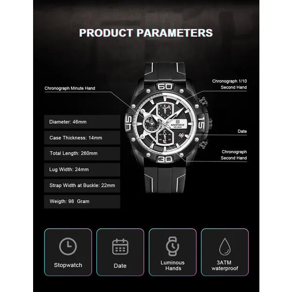 Naviforce férfi karóra NF8018T, kronográf, fekete, kvarc, 46 mm, gumi szíj, WR30