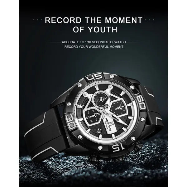 Naviforce férfi karóra NF8018T, kronográf, fekete, kvarc, 46 mm, gumi szíj, WR30