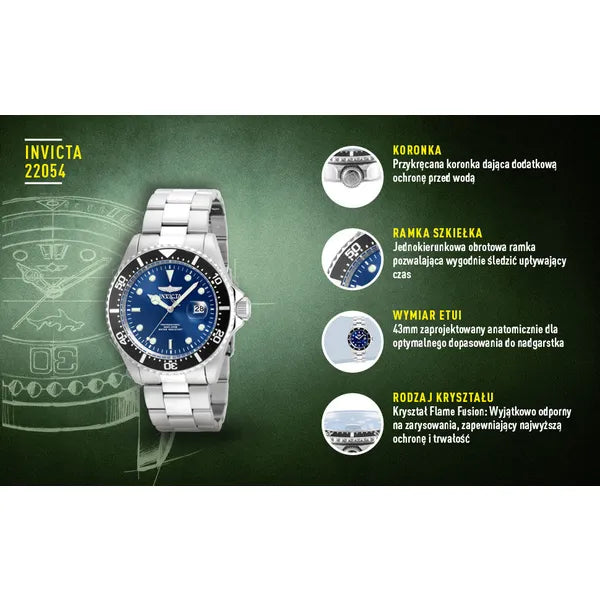 Invicta Pro Diver férfi karóra, 200 m, 43 mm, kék számlap, acél szíj 22054