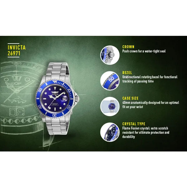 Invicta Pro Diver 26971 férfi karóra, 40 mm, 200 m, kék számlap, acél szíj