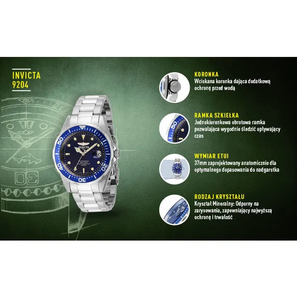 Invicta Pro Diver 9204 uniszex karóra, 37,5 mm, WR200, kvarc, kék, nemesacél