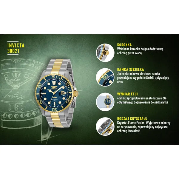 Invicta Pro Diver 30021 férfi óra, 43 mm, WR100, kvarc, kék számlap, acél szíj