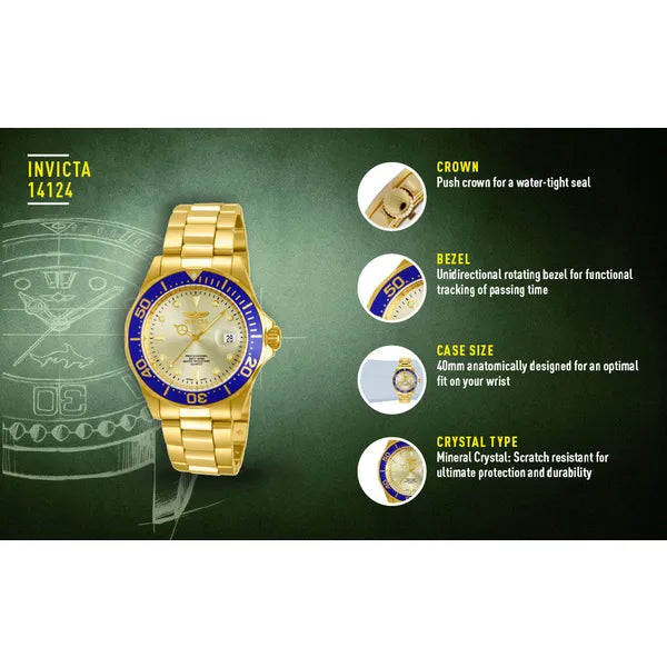 Invicta Pro Diver férfi búváróra, 40 mm, WR200, arany, kék lünetta, acél szíj