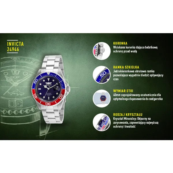 Invicta Pro Diver 24946 férfi karóra, 40 mm, WR200, acél, kék
