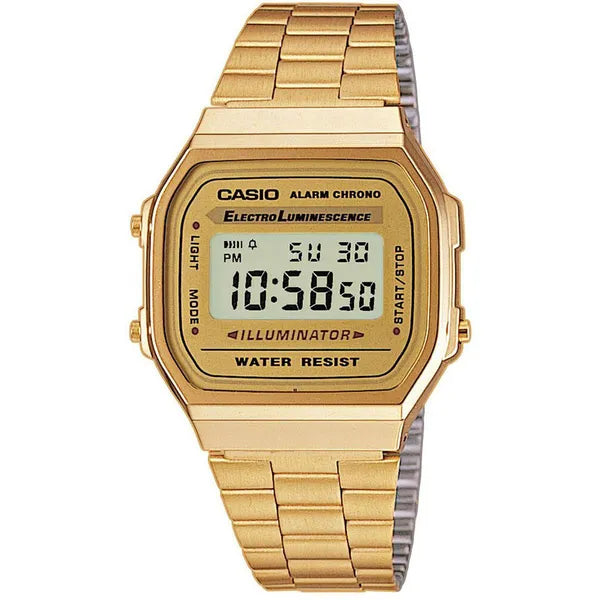 Casio A168WG-9W uniszex arany digitális óra, acél szíj, WR30, LED, 36 mm