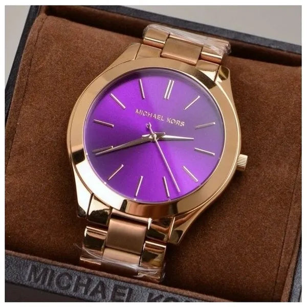 Michael Kors Slim Runway MK3293 női karóra, arany, lila számlap, díszdoboz