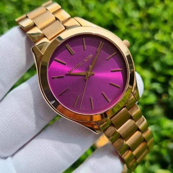 Michael Kors Slim Runway MK3293 női karóra, arany, lila számlap, díszdoboz