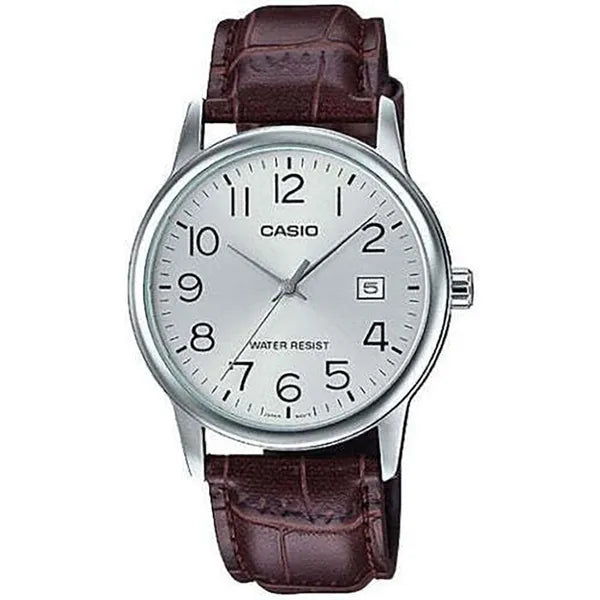 Casio MTP-V002L-7B2 férfi kvarc karóra, 44 mm, ezüst számlap, barna bőrszíj