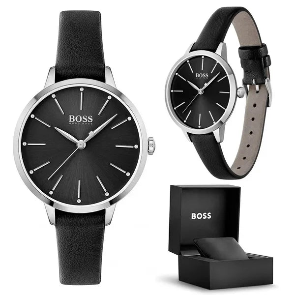 Hugo Boss Symphony 1502609 női karóra, fekete bőr szíj, 38 mm, ezüst tok