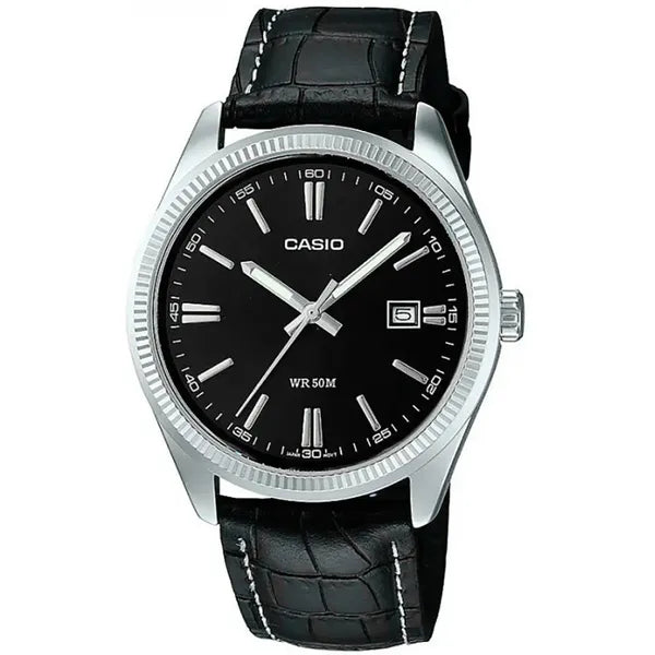 Casio MTP-1302PL-1A férfi karóra, 38 mm, fekete bőr szíj, WR50