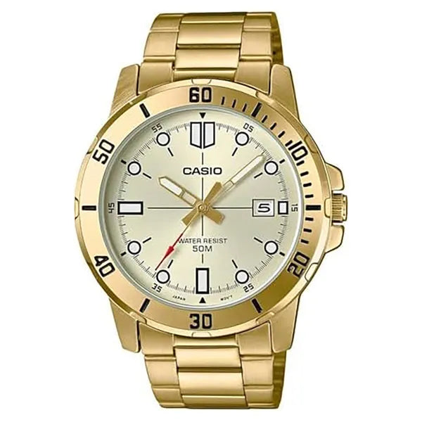 Casio MTP-VD01G-9E férfi karóra, arany, kvarc, acél szíj, WR50, díszdoboz