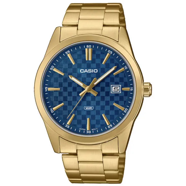 Casio MTP-VD03G-2A férfi karóra, arany acél, kék számlap, WR50, 42 mm