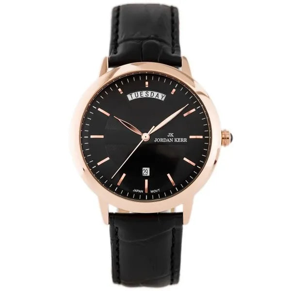 Jordan Kerr férfi karóra, 40 mm, fekete számlap, bőrszíj, rózsaarany tok, kvarc