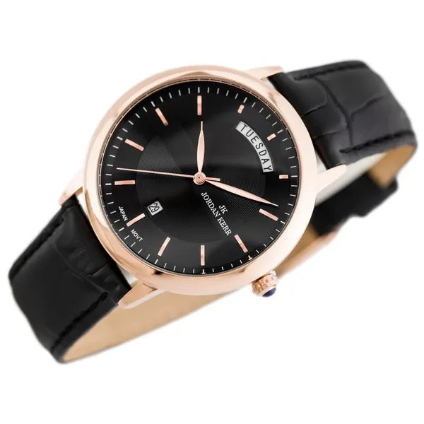 Jordan Kerr férfi karóra, 40 mm, fekete számlap, bőrszíj, rózsaarany tok, kvarc