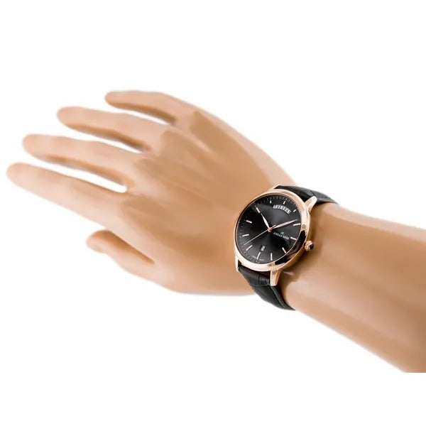 Jordan Kerr férfi karóra, 40 mm, fekete számlap, bőrszíj, rózsaarany tok, kvarc