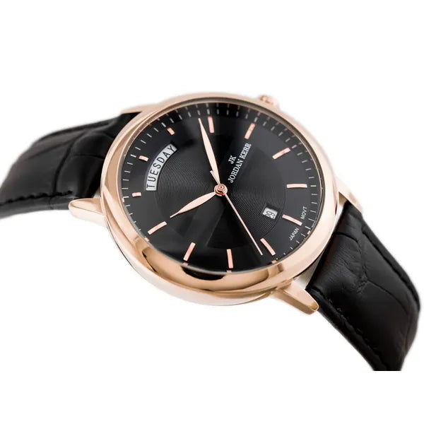Jordan Kerr férfi karóra, 40 mm, fekete számlap, bőrszíj, rózsaarany tok, kvarc