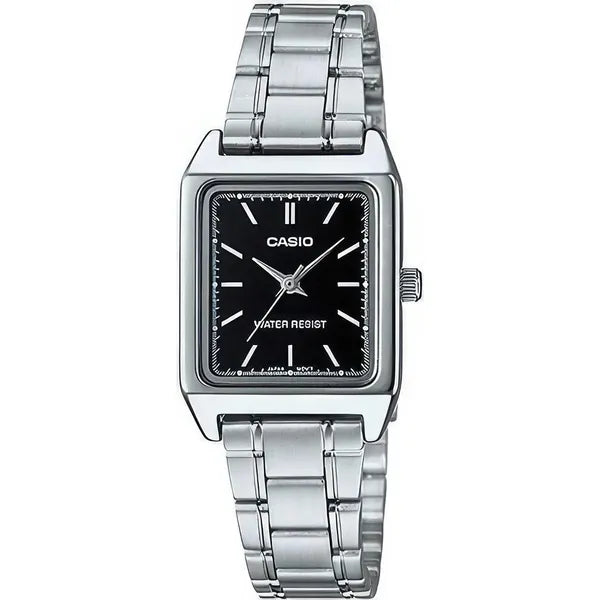Casio LTP-V007D-1E női karóra, fekete számlap, acél szíj, téglalap tok