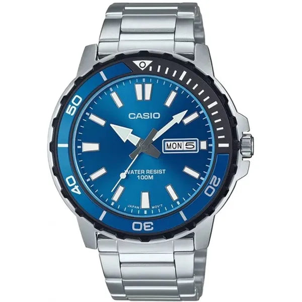 Casio MTD-125D-2A1 férfi karóra, acél szíj, kék számlap, WR100, dátum, kvarc