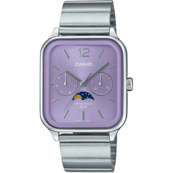 Casio férfi karóra MTP-M305D-6A, acél szíj, lila számlap, dátum/holdfázis, WR50