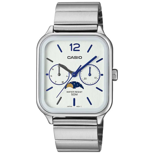 Casio MTP-M305D-7AVDF férfi karóra, acél, fehér számlap, WR50, holdfázis