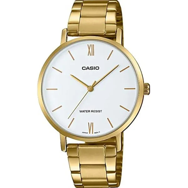 Casio MTP-VT01G-7B férfi karóra arany színű acél, fehér számlap, WR30, kvarc