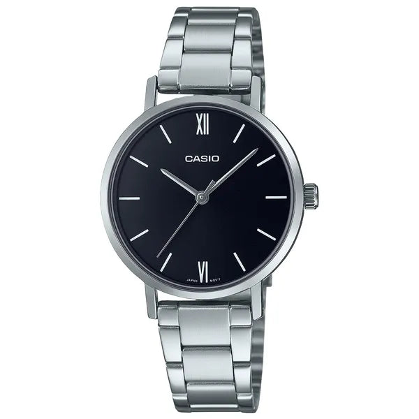 Casio LTP-VT02D-1A női karóra, fekete számlap, acél szíj, WR30, 30 mm, díszdoboz