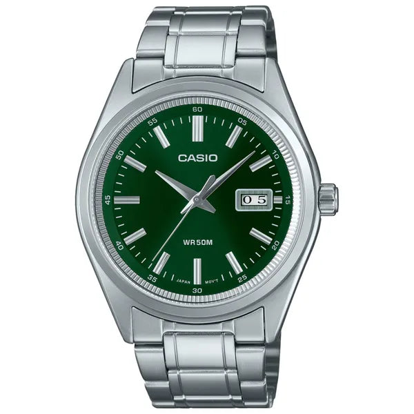 Casio MTP-B180D-3A férfi karóra, zöld számlap, acél szíj, WR50, díszdoboz