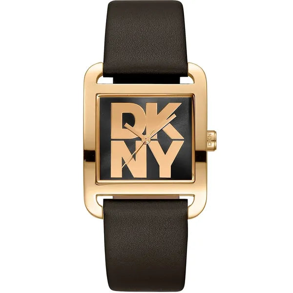 DKNY női karóra, 29 mm téglalap arany tok, fekete bőr szíj, kvarc