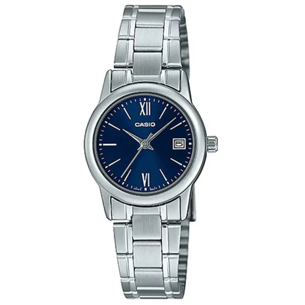 Casio LTP-V002D-2B3UDF női karóra, ezüst acélszíj, kék számlap, WR30