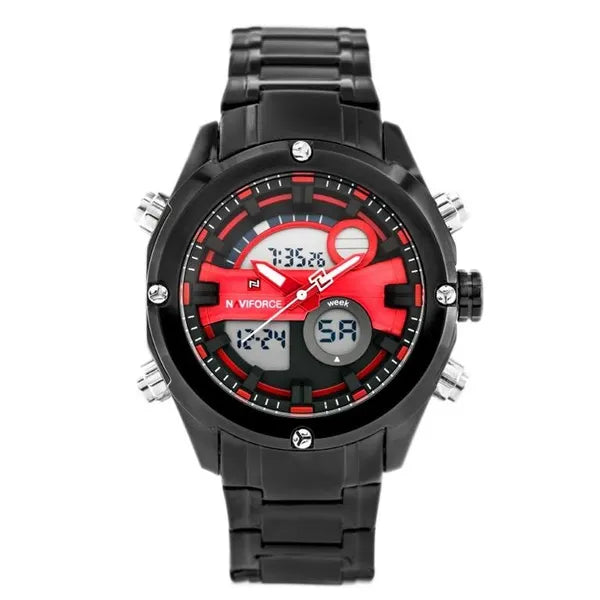 Naviforce férfi analóg‑digitális karóra, fekete/piros, fém szíj, 46 mm