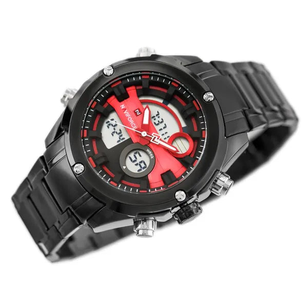 Naviforce férfi analóg‑digitális karóra, fekete/piros, fém szíj, 46 mm