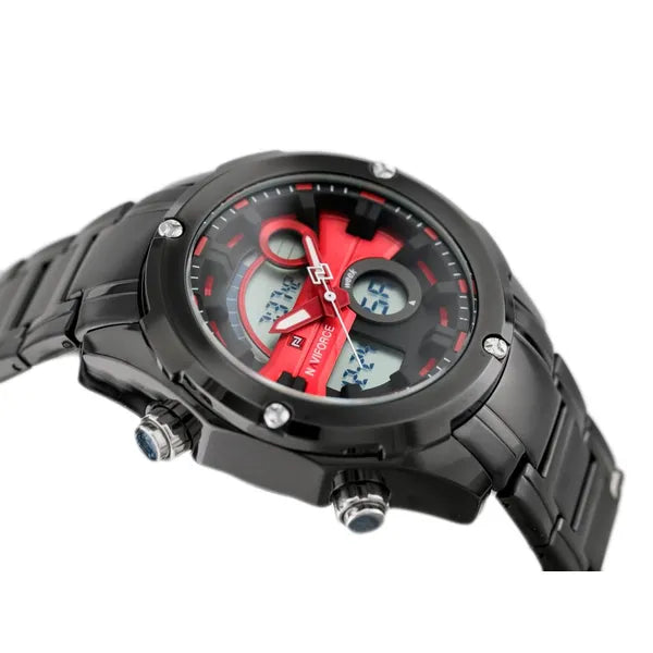 Naviforce férfi analóg‑digitális karóra, fekete/piros, fém szíj, 46 mm