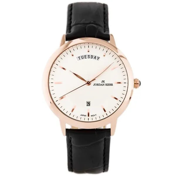 Jordan Kerr férfi karóra 40 mm, rózsaarany tok, ezüst számlap, fekete bőr, WR30