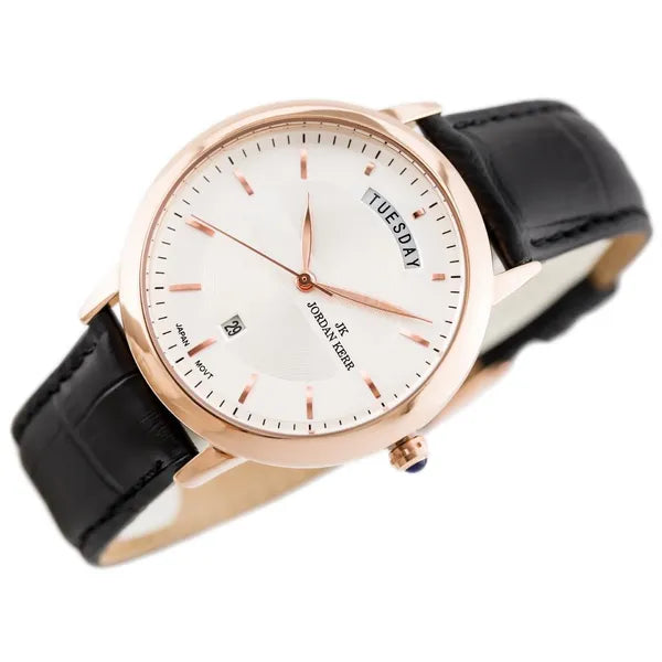 Jordan Kerr férfi karóra 40 mm, rózsaarany tok, ezüst számlap, fekete bőr, WR30