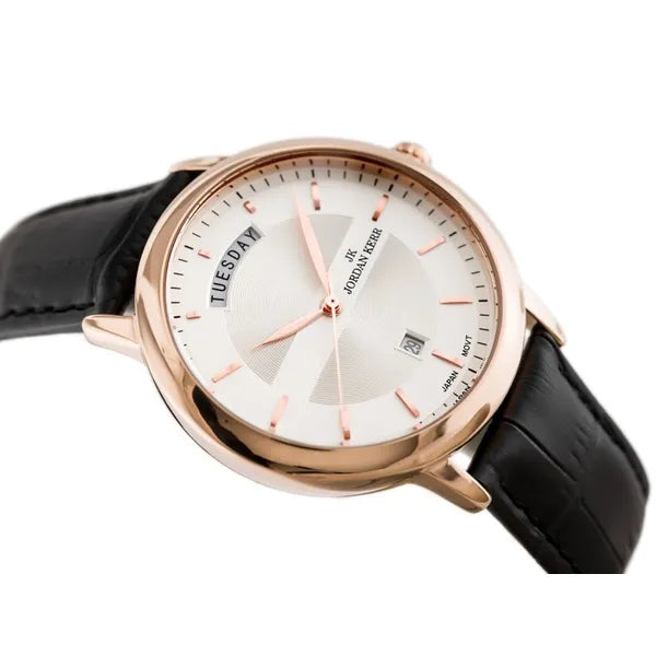 Jordan Kerr férfi karóra 40 mm, rózsaarany tok, ezüst számlap, fekete bőr, WR30