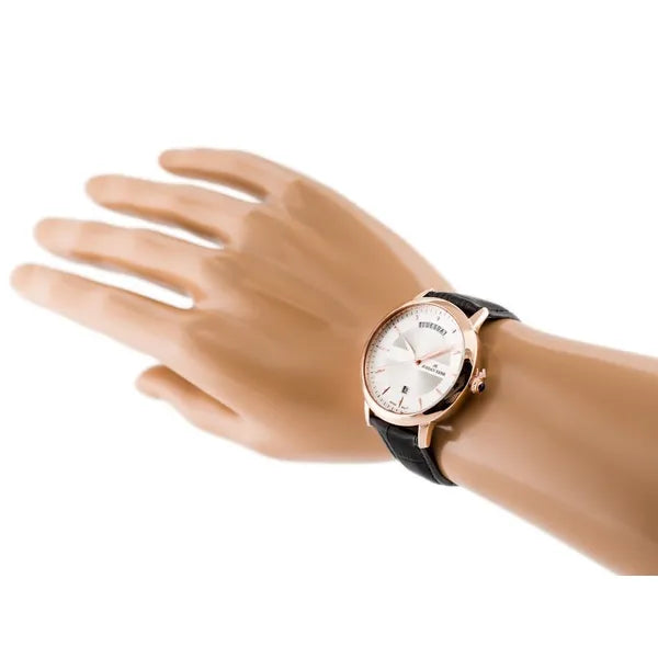 Jordan Kerr férfi karóra 40 mm, rózsaarany tok, ezüst számlap, fekete bőr, WR30
