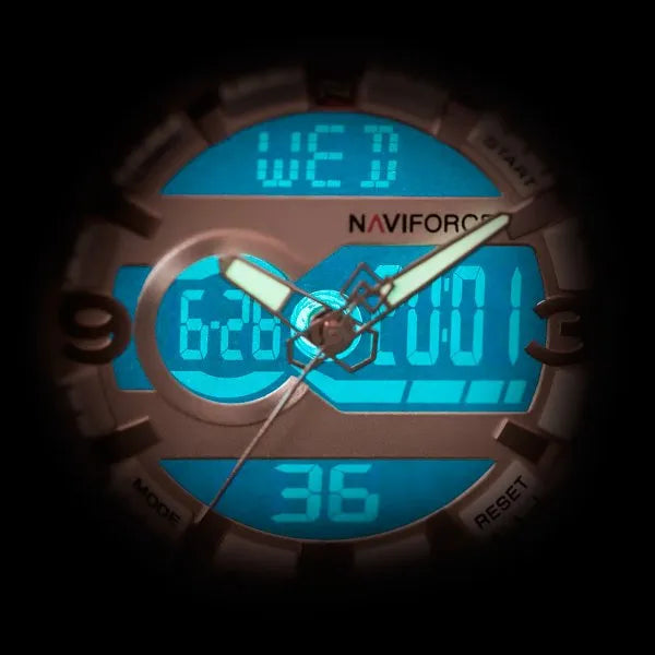 NAVIFORCE férfi analóg-digitális karóra, barna bőr szíj, rózsaarany, WR30
