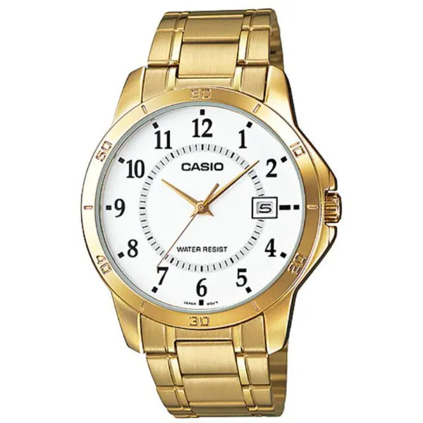 Casio MTP-V004G-7B férfi karóra, arany nemesacél, fehér számlap, dátum, WR30