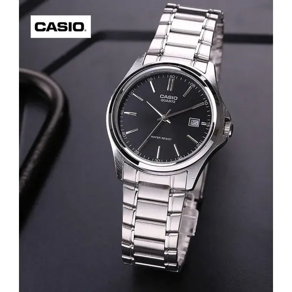 Casio MTP-1183A-1A férfi karóra, fekete számlap, acél szíj, dátum, WR30