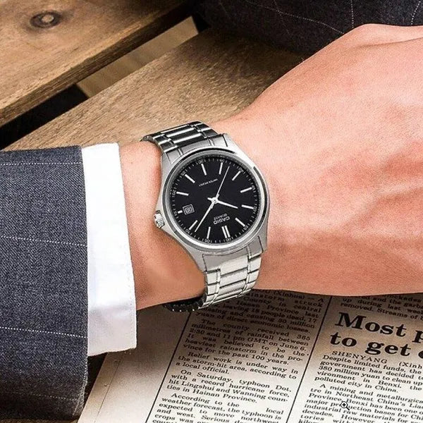 Casio MTP-1183A-1A férfi karóra, fekete számlap, acél szíj, dátum, WR30
