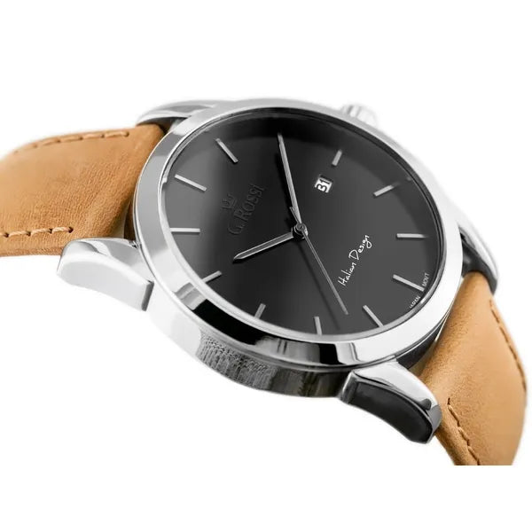 G. Rossi férfi karóra, kvarc, 39 mm, fekete számlap, bőr szíj, dátum
