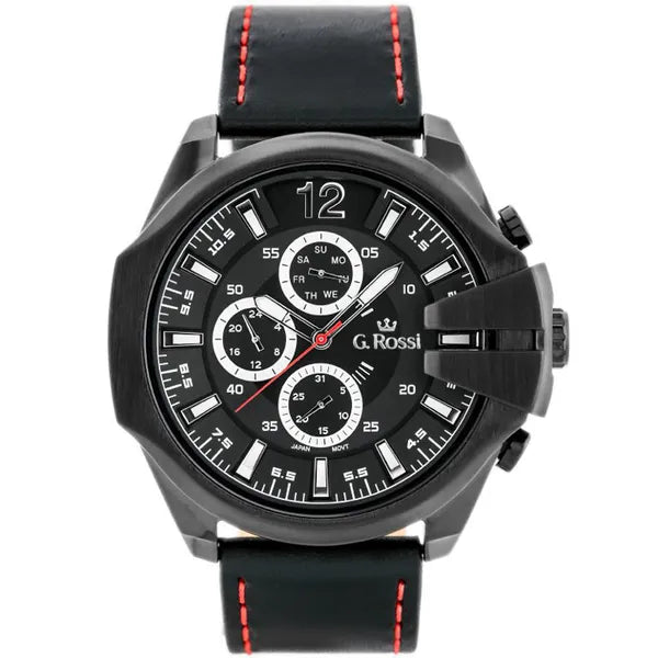 G. Rossi férfi karóra, MIYOTA kvarc, 44 mm, bőr szíj, nap‑dátum, fekete