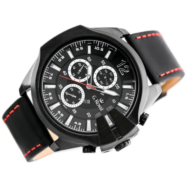G. Rossi férfi karóra, MIYOTA kvarc, 44 mm, bőr szíj, nap‑dátum, fekete