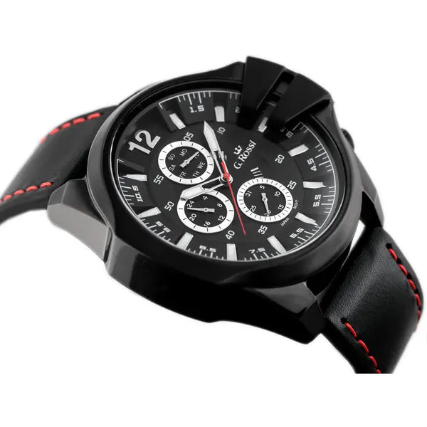 G. Rossi férfi karóra, MIYOTA kvarc, 44 mm, bőr szíj, nap‑dátum, fekete