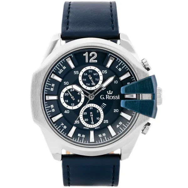 G. Rossi E6122A férfi kvarc karóra, kék, bőr szíj, 44 mm, ajándékdobozzal